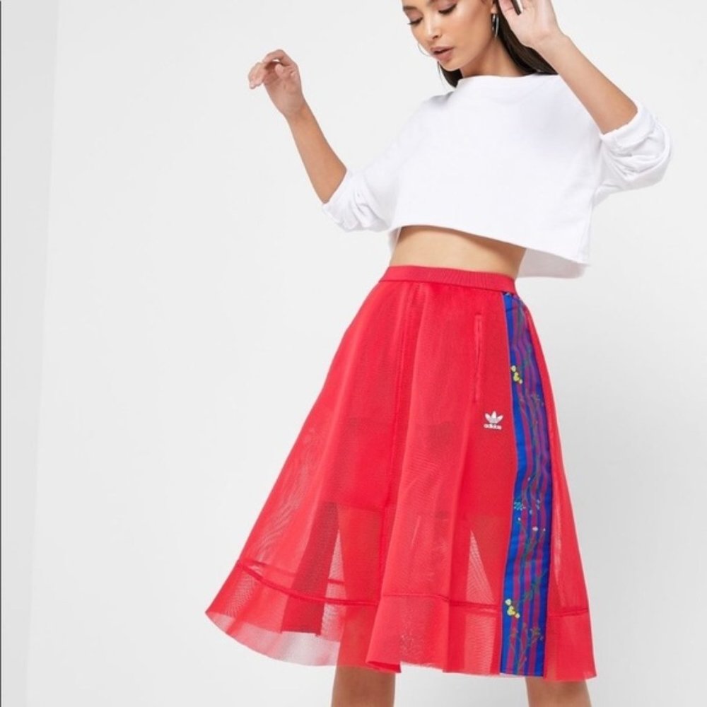 adidas Vibrant Red (M) Midi Skirt with Blue Accents
